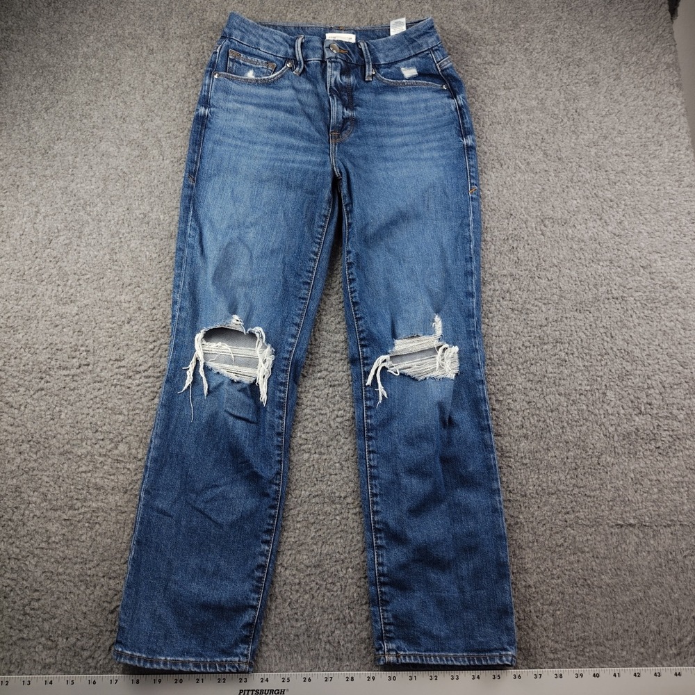 Good American Jeans 25x27 Sz 0 Good Straight Blue Distressed